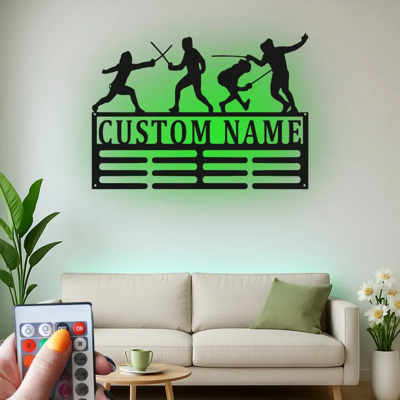 Décoration murale en métal personnalisée - Silhouette d'escrimeur avec rétroéclairage - Cadeau unique pour escrimeur