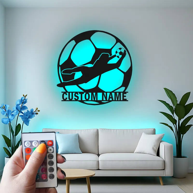 Letrero metálico personalizado de portero | Arte mural LED de fútbol | Decoración con nombre a medida para habitación del jugador | Regalo para aficionados al deporte