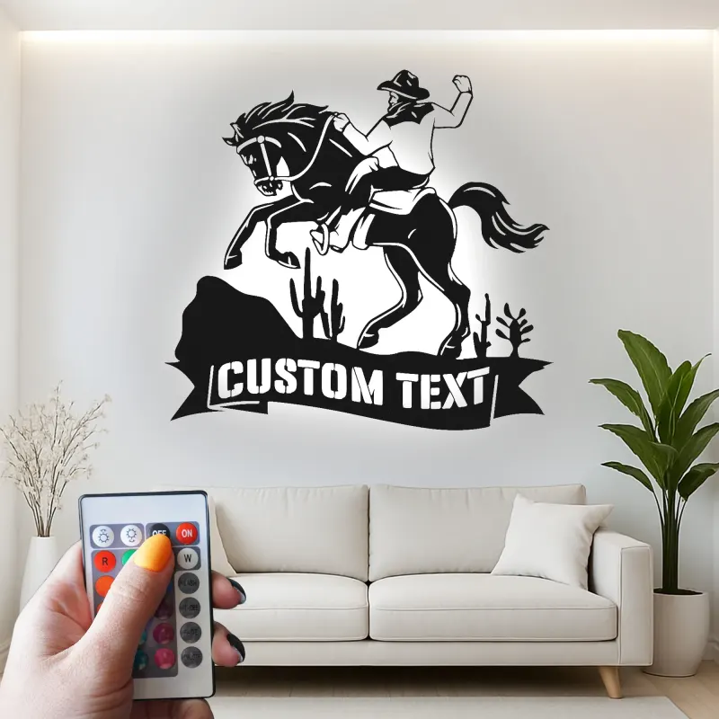 Décoration murale en métal personnalisée de cowboy sur cheval avec rétroéclairage - Cadeau western pour lui - Décor de ranch rustique