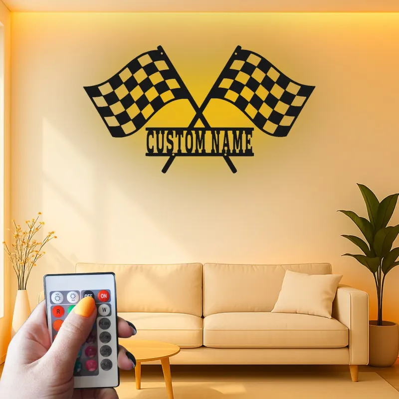 Insegna in metallo LED personalizzata con bandiere da corsa - Regalo per appassionati di auto, decorazione per garage o man cave
