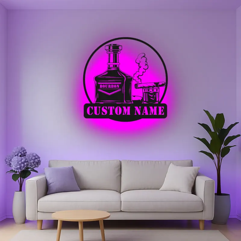 Décoration murale en métal personnalisée avec éclairage LED pour amateurs de bourbon et de cigares