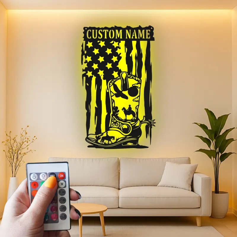Personalisierte Cowboy-Stiefel LED-Metall-Wandkunst – Western-Geschenk für Ihn, rustikale Man-Cave-Deko