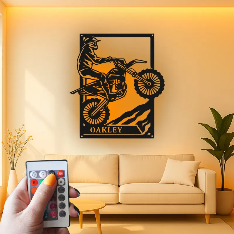 Décoration murale en métal personnalisée pour motocross avec rétroéclairage LED - Cadeau pour lui, décoration de garage ou de man cave