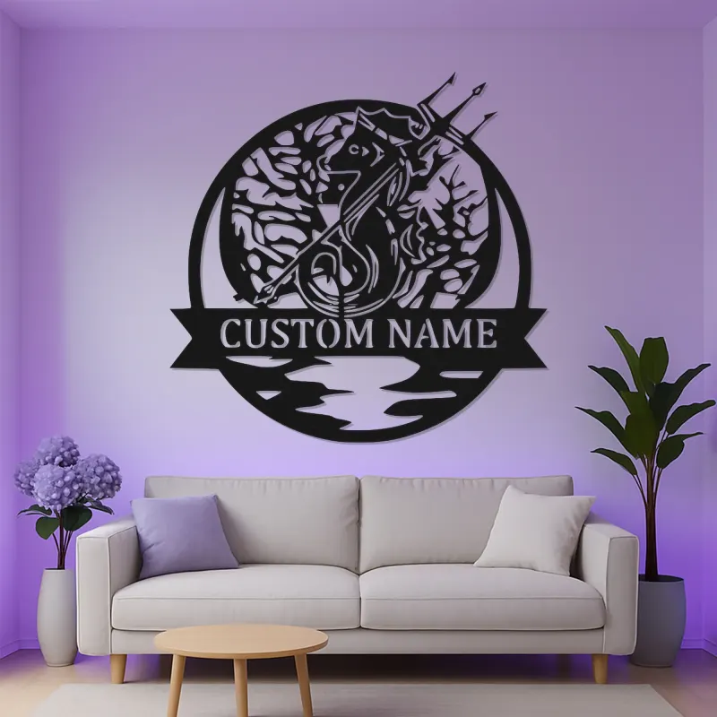 Panneau LED Personnalisé Hippocampe avec Trident | Art Murale en Métal pour Maison de Plage | Décor Nautique Personnalisé