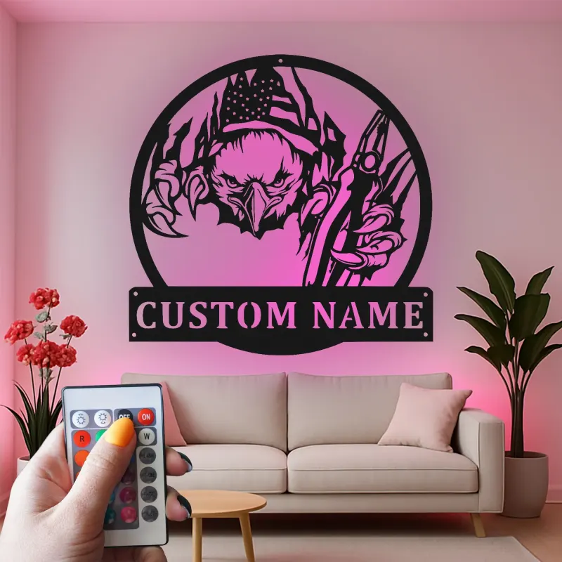 Décoration murale en métal personnalisée avec éclairage LED Aigle Américain - Cadeau patriotique pour lui, décoration de garage ou de man cave