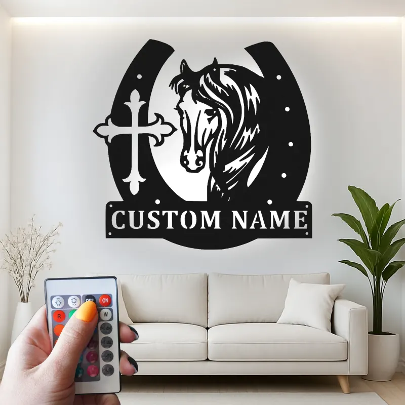 Letrero personalizado de caballo y herradura | Decoración mural LED de metal | Decoración ecuestre a medida para casa de campo | Regalo cristiano para amantes de los caballos