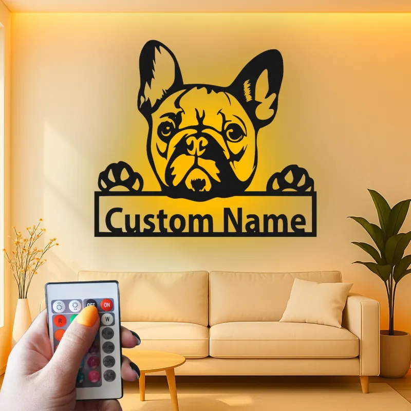 Insegna in metallo personalizzata con Bulldog Francese | Decorazione LED da parete per cani | Regalo per amanti degli animali per casa e ufficio
