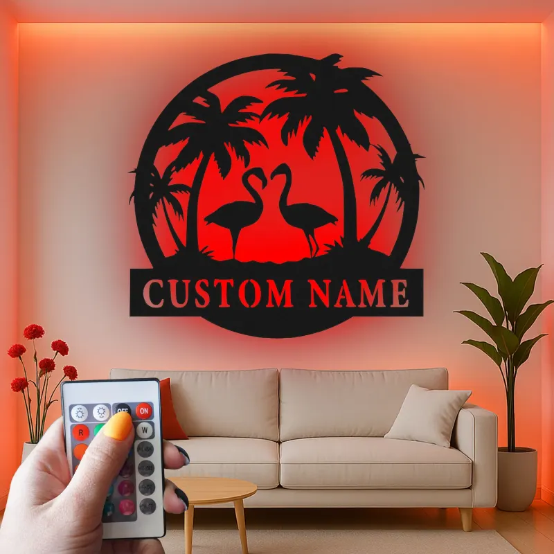 Insegna LED personalizzata con fenicottero | Arte tropicale in metallo su misura | Decorazione con nome per casa al mare | Decorazione murale per coppie