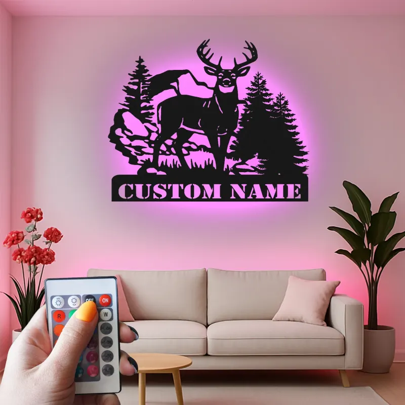 Insegna in metallo personalizzata con luce LED per foresta di cervi - Regalo personalizzato per cacciatori, decorazione rustica per cabin