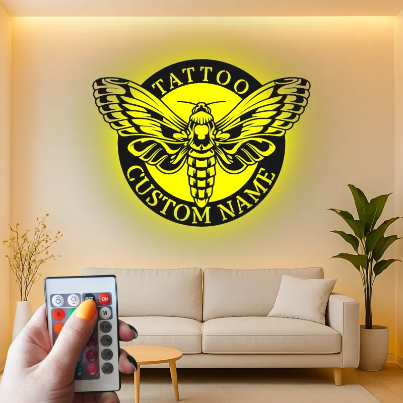 Custom Death's Head Moth LED Sign | Layered Metal Wall Art | Tattoo Studio Decor | Gothic Home Aesthetic | Personalized Business Logo