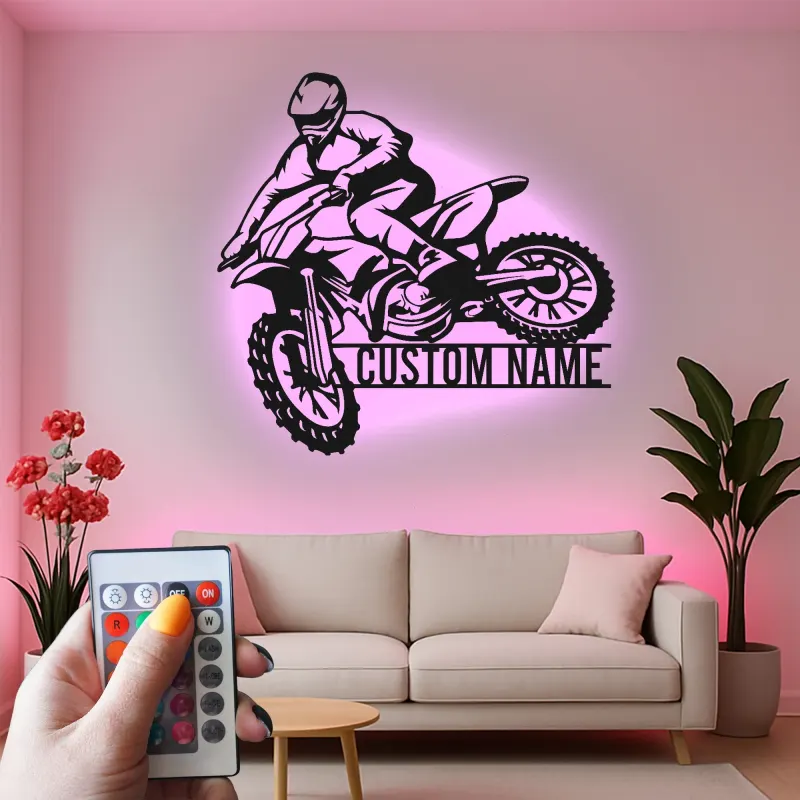 Personalisierte Metall-Wandkunst mit LED-Beleuchtung für Motocross-Fahrer – Geschenk für Dirtbike-Enthusiasten, Garage oder Spielzimmer Dekor