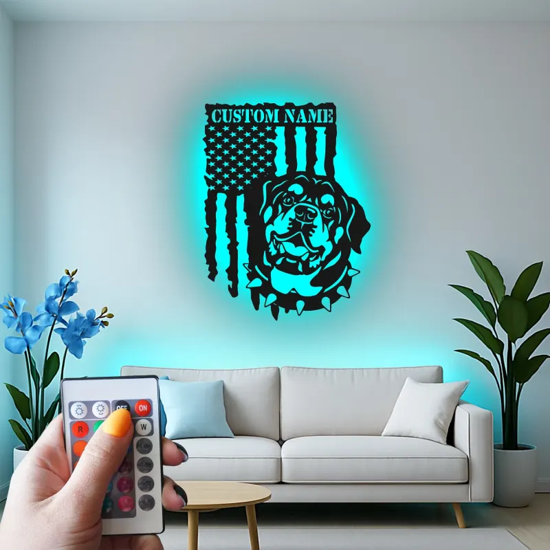 Rottweiler Metal Wall Art | Personalized LED Name Sign | Patriotic American Flag Decor | Custom Dog Lover Gift