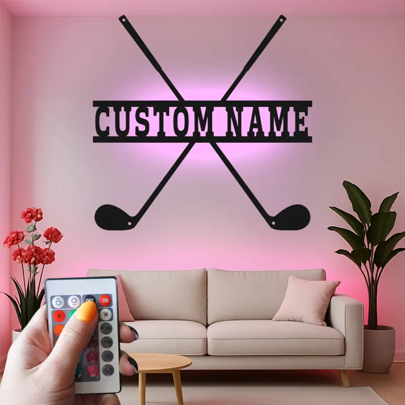 Personalisierte Golfclubs LED-Schild | Metall-Namenskunst für die Wand