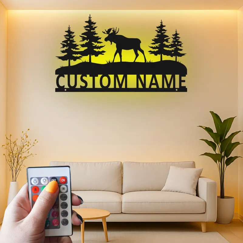 Custom Moose Metal Wall Art | Personalized LED Sign for Cabin Decor | Rustic Forest Scene for Outdoorsman Gift | Backlit Wildlife Art