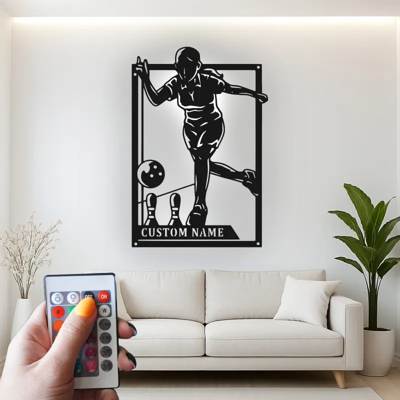 Custom Bowling Player Led Light Metal Wall Art Personalized Gift for Bowlers Game Room Sports Decor