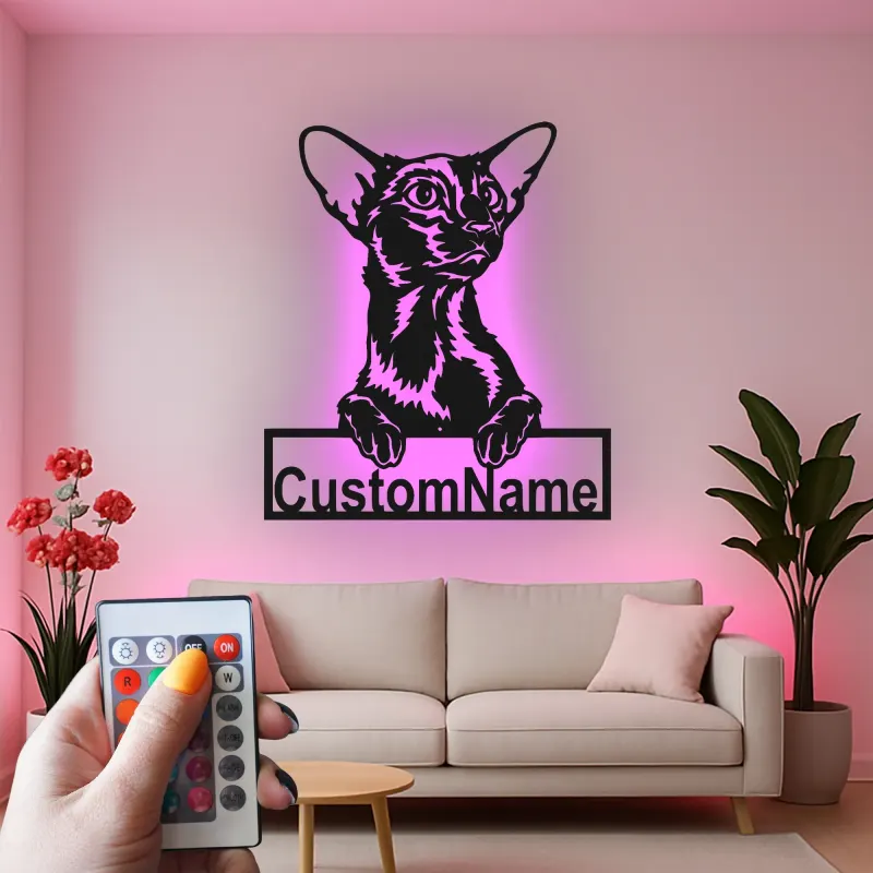 Custom Oriental Shorthair Cat Led Light Metal Wall Art Personalized Cat Lover Gift Bedroom Pet Decor