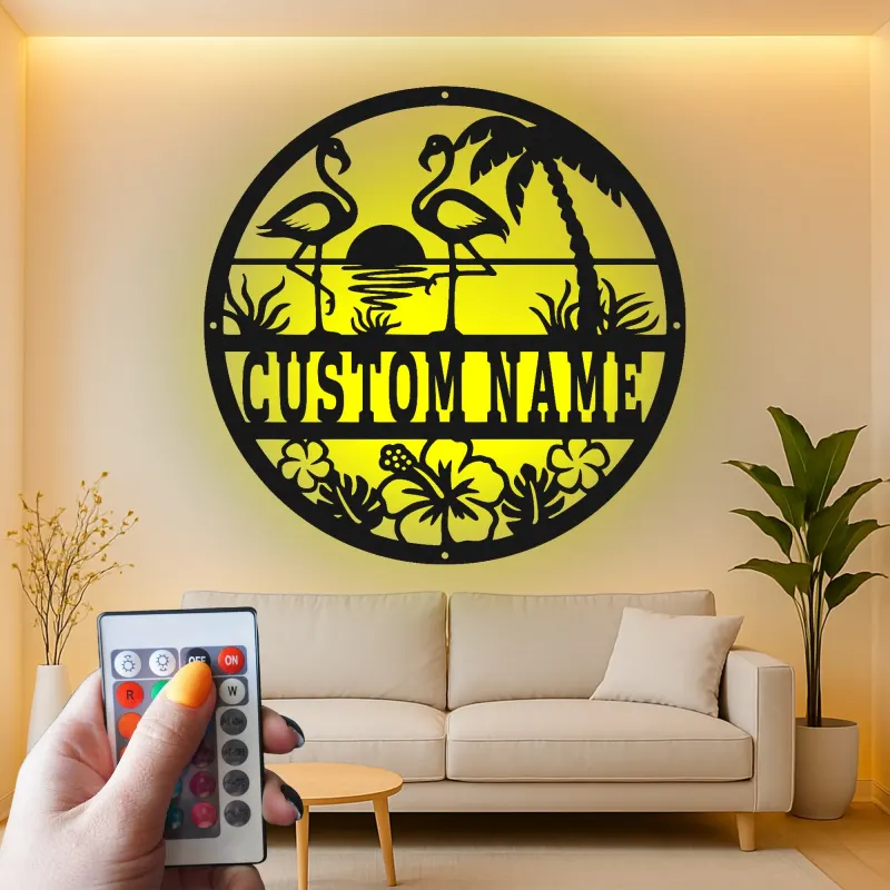 Personalized Flamingo Metal Sign | LED Tropical Wall Art for Patio & Beach House | Custom Name Sunset Decor