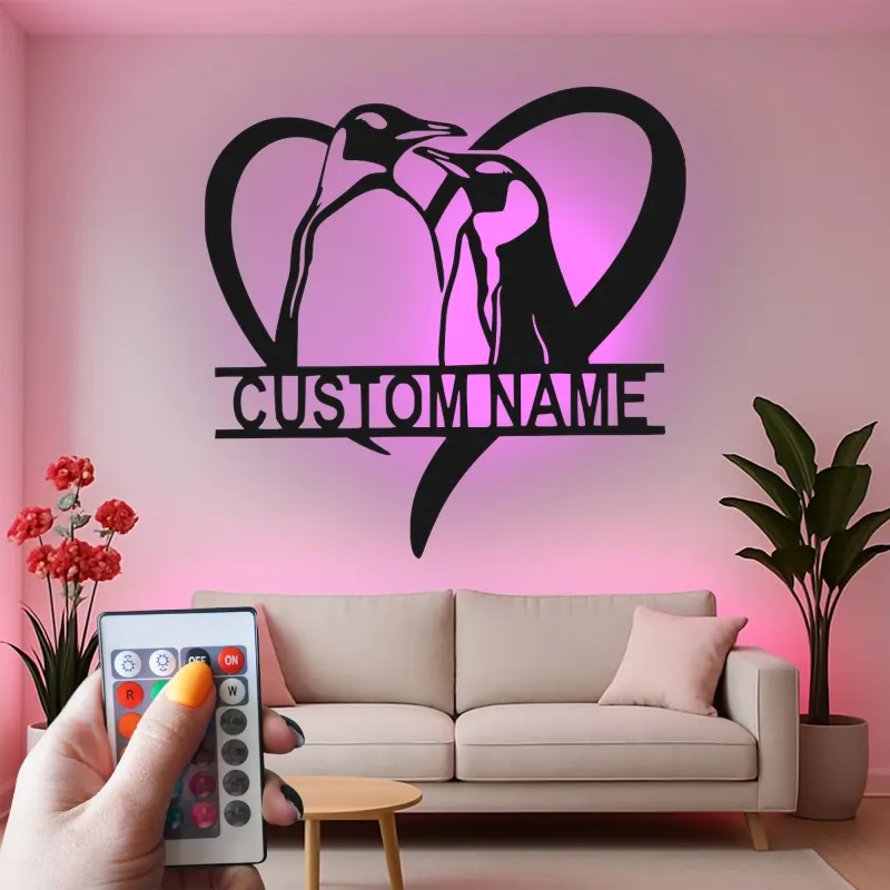 Insegna LED per Coppia di Pinguini | Arte Murale in Metallo Personalizzata | Regalo per Anniversario per Camera da Letto