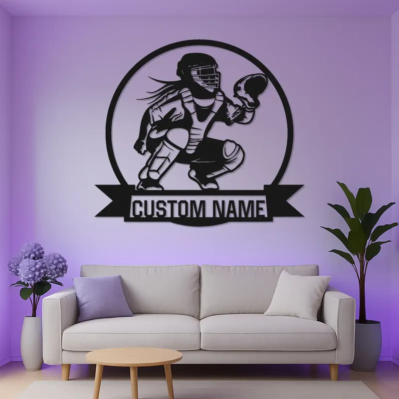 Cartel de metal personalizado de receptora de softball | Arte mural LED para habitación de chicas | Regalo personalizado con nombre de jugadora | Decoración deportiva para atleta femenina