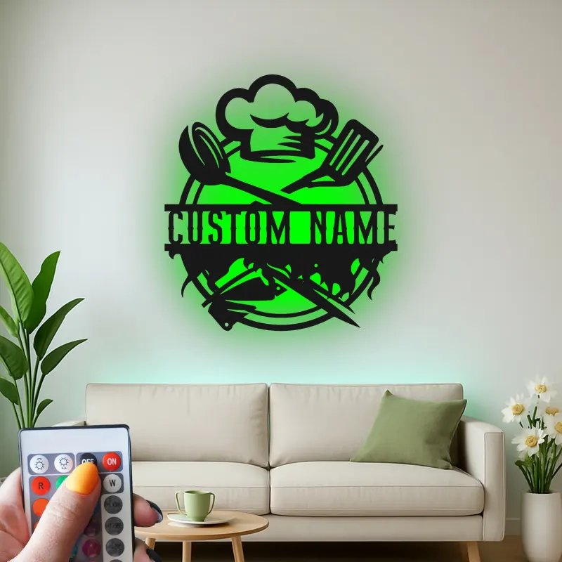 Personalisiertes Metall-Wandbild mit Kochmütze und LED-Beleuchtung – Küchen-Geschenk mit Namen