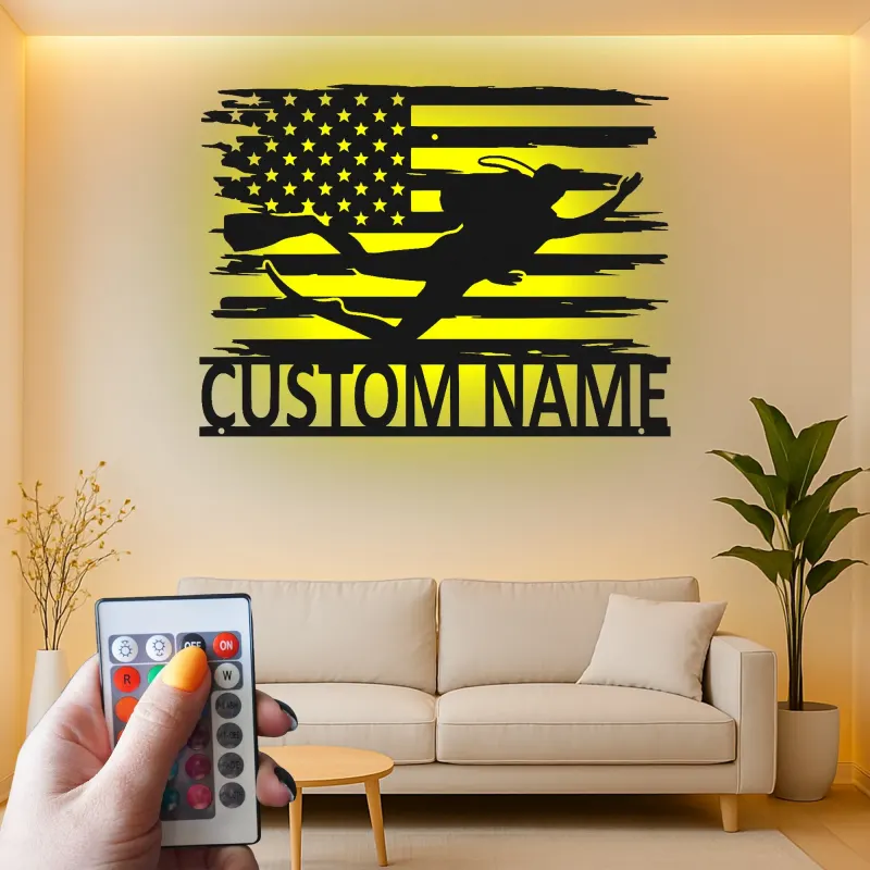 Arte Mural de Metal de Buceador Personalizado | Cartel LED de Bandera Americana | Regalo de Nombre Personalizado para Buceador | Decoración Patriótica para Hogar y Oficina