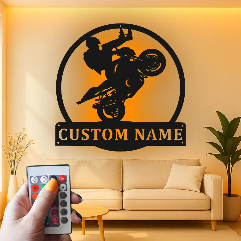 Arte mural de metal LED personalizado de motocicleta | Señal de nombre personalizada para stunt rider | Decoración de garaje de biker y regalo para él