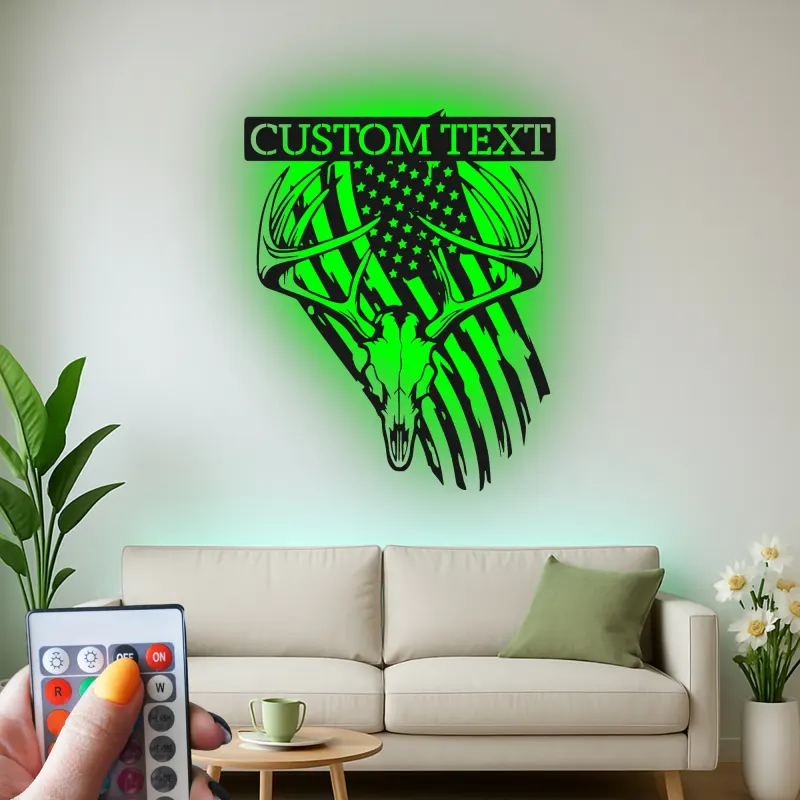 Custom Deer Skull with American Flag Led Light Metal Wall Art Personalized Gift for Hunter Rustic Man Cave Decor
