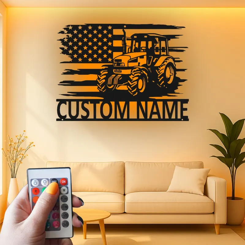 Personalisierte LED-beleuchtete Metall-Wandkunst Traktor und Amerikanische Flagge Geschenk für Landwirte Rustikale Landhausdekoration
