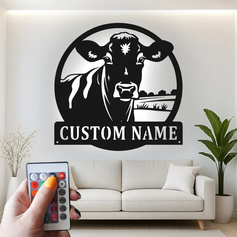 Décoration murale en métal LED personnalisée Ferme Vache - Cadeau pour agriculteur - Décor de grange rustique 1