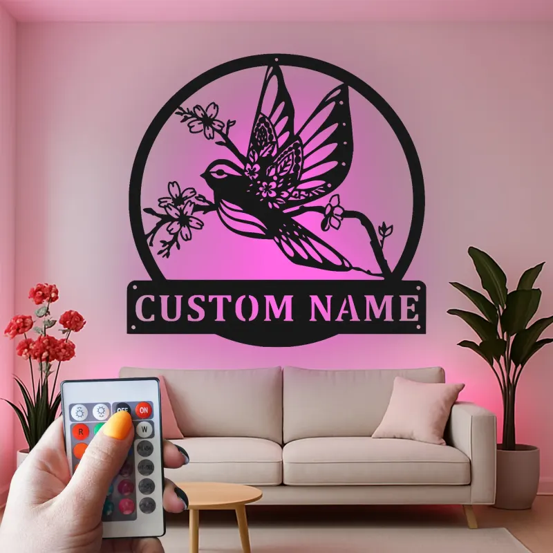 Insegna in metallo personalizzata con uccello e fiori e luce LED regalo per amanti della natura decorazione per camera da letto o soggiorno
