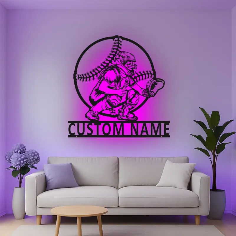 Custom Baseball Catcher Led Light Metal Wall Art Personalized Sports Gift for Baseball Fans Game Room Decor