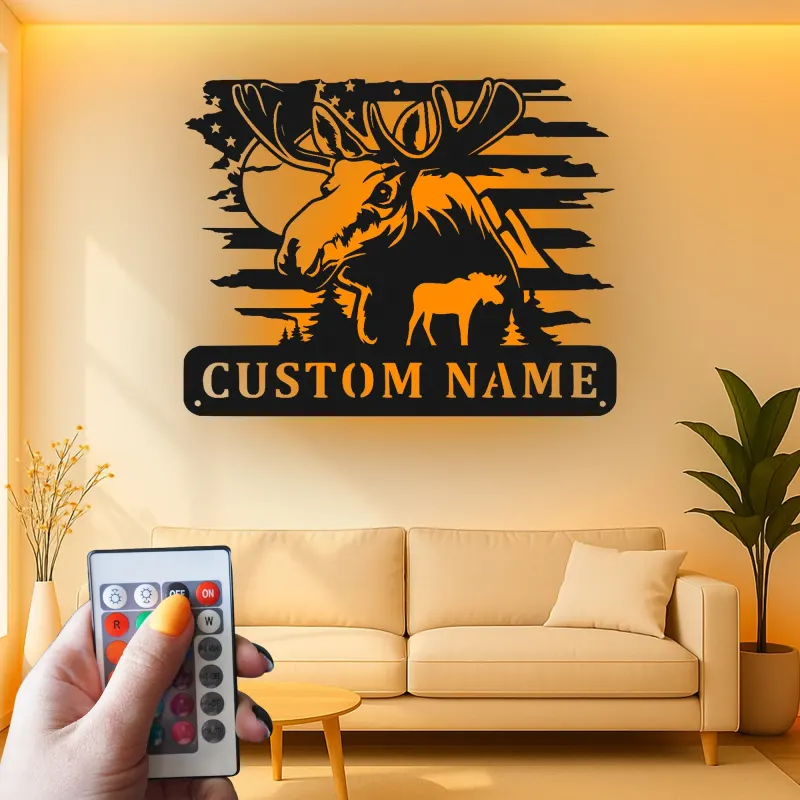 Cartel de metal personalizado de alce con LED | Decoración mural de vida salvaje personalizada para cabañas y lodges | Regalo rústico para cazadores con bandera americana
