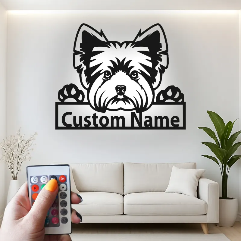 Cartel de metal LED personalizado de Yorkie, regalo para amantes de los perros, decoración para la sala de estar 1