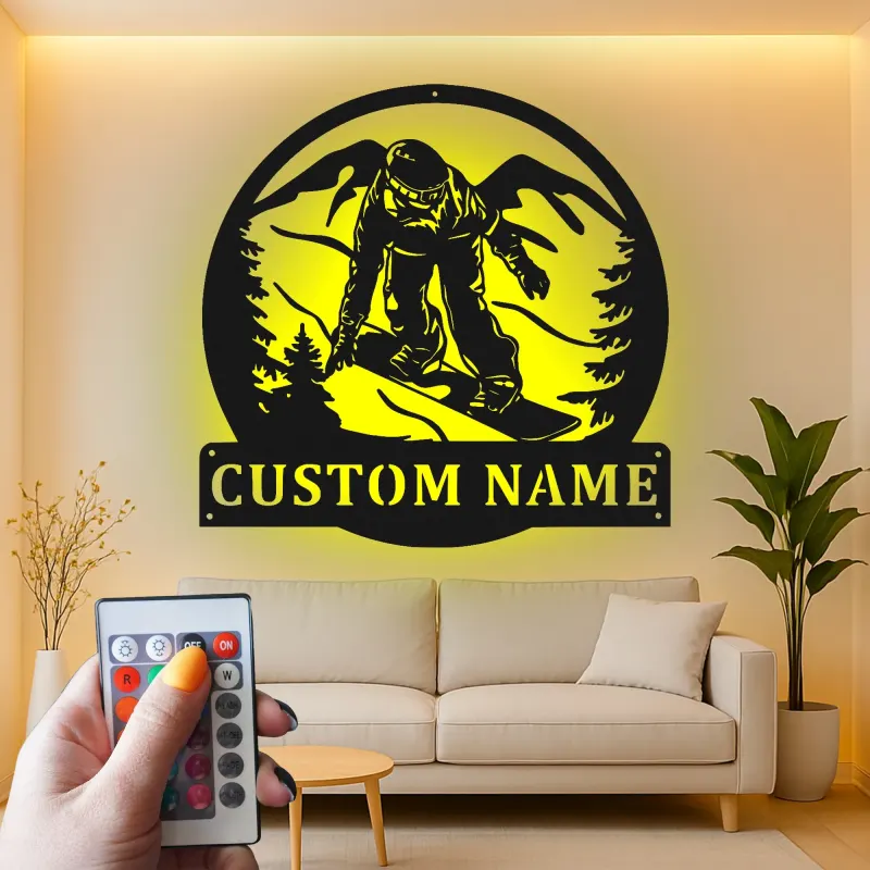 Cartel LED de snowboarder personalizado | Arte mural de metal personalizado | Decoración para el hogar de deportes de invierno | Regalo de snowboard retroiluminado