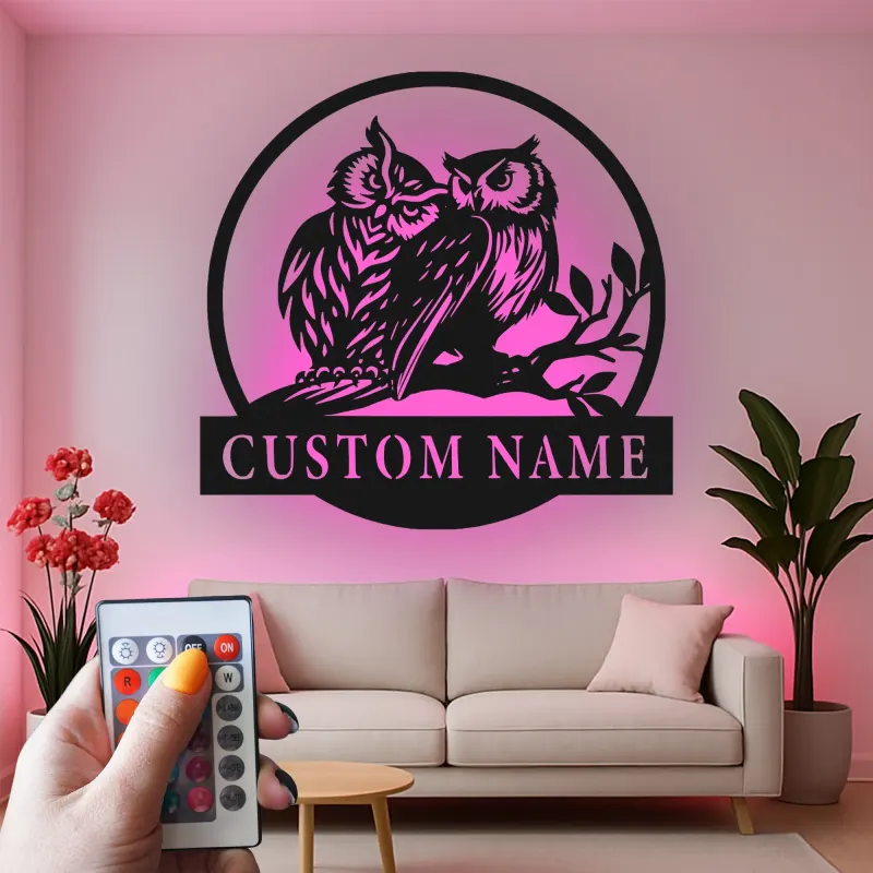 Insegna LED Personalizzata con Gufo | Arte in Metallo del Gufo Cornuto | Regalo per Amanti della Natura per Cabin o Decorazione per Casa