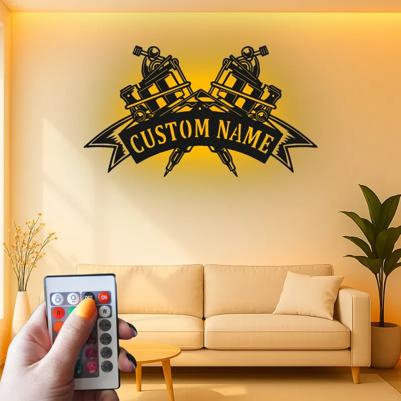 Insegna per Macchina dei Tatuaggi Personalizzata | Arte Murale in Metallo LED per Decorazione Studio Tatuaggi | Regalo per Artista del Tatuaggio