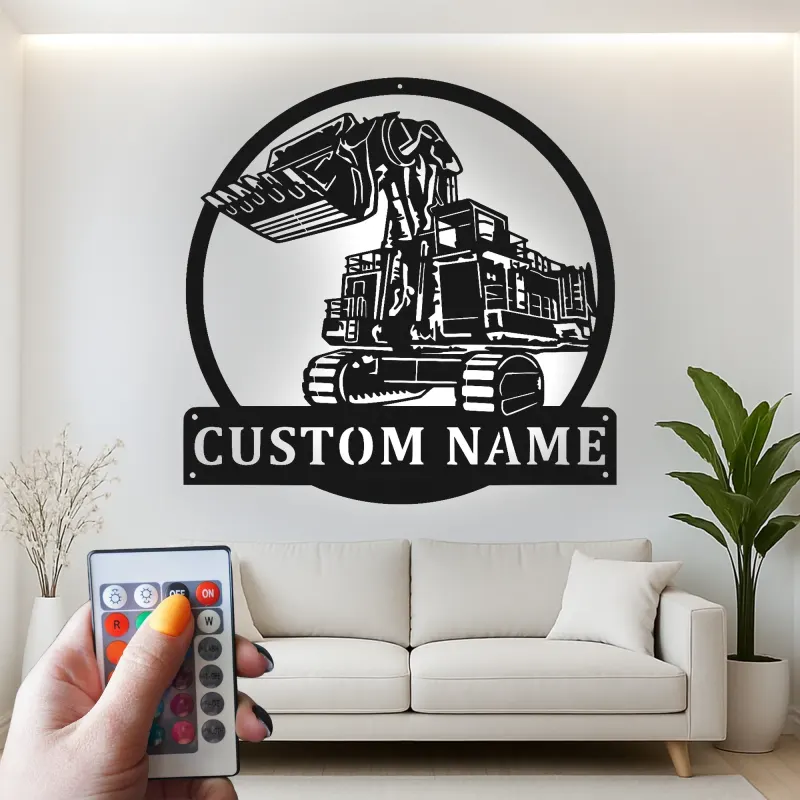 Décoration murale en métal LED personnalisée pour excavateur - Cadeau pour passionnés de construction, décoration de garage ou de bureau