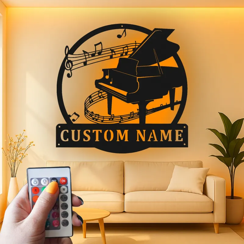 Grand Piano LED Wall Art | Personalized Metal Sign for Music Room | Custom Name Plaque | Pianist Gift & Studio Decor
