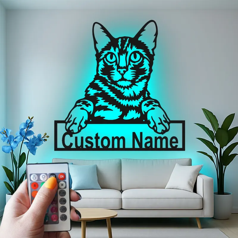 Personalisierte LED-Metall-Wandkunst mit Katze – Geschenk für Tierliebhaber, Deko für Schlaf- oder Wohnzimmer 2