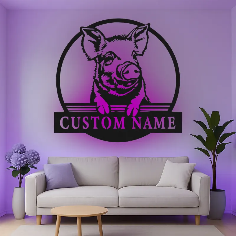 Décoration murale en métal LED personnalisée pour cochon, cadeau de ferme pour les amoureux des animaux, décoration rustique de cuisine ou de grange