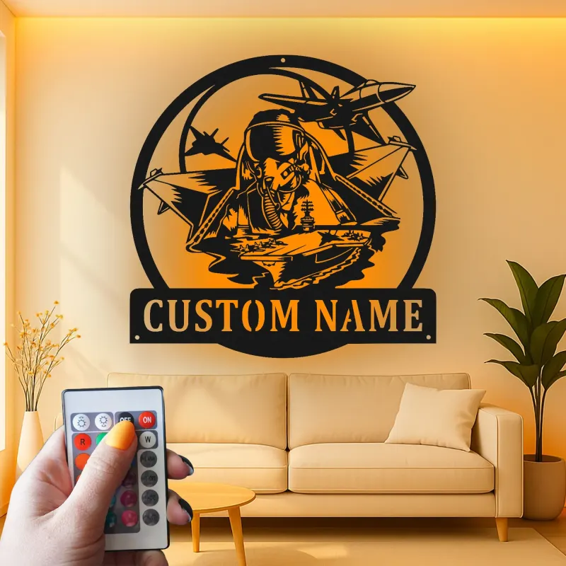 Enseigne pilote avion de chasse personnalisée | Art mural LED en métal | Décoration murale aviation pour aviateurs et cadeau militaire