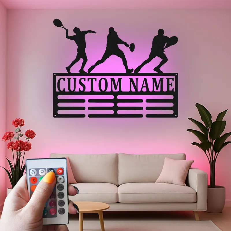 Insegna in metallo personalizzata per giocatore di tennis | Arte murale LED con nome personalizzato | Decorazione per stanza sportiva per atleta, allenatore