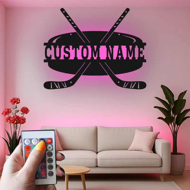 Insegna con Nome Personalizzato per Hockey con Luci LED | Insegna in Metallo Personalizzata | Regalo per Giocatori di Hockey per Stanza da Gioco e Decorazione per Camera da Letto