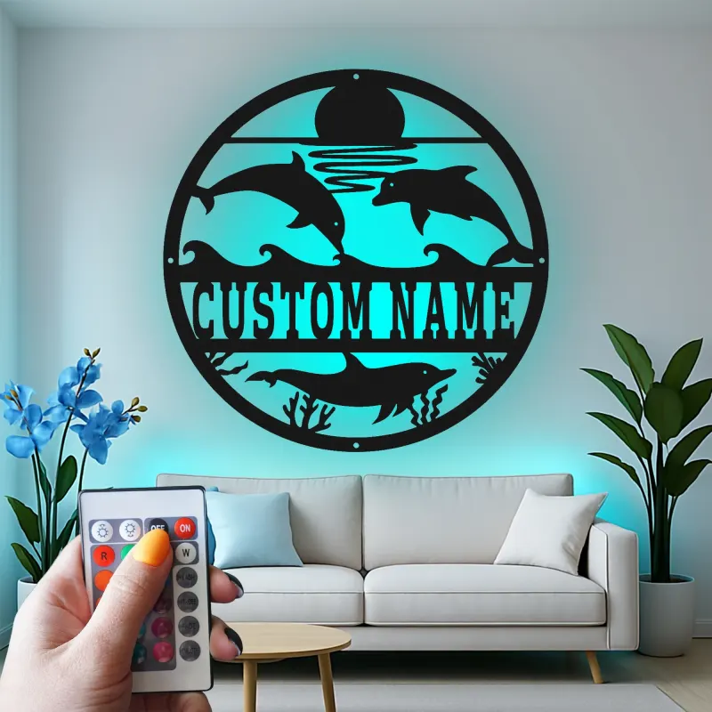 Personalisierte LED-Metall-Wandkunst mit Delfin-Ozeanszene – Geschenk für Strandhaus und Küsten-Wohnzimmer
