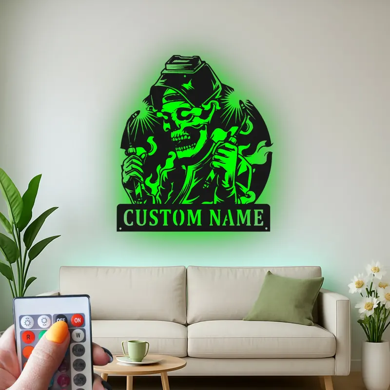 Personalisierte LED-Schädel Metall-Wandkunst – Einzigartiges Geschenk für Schweißer