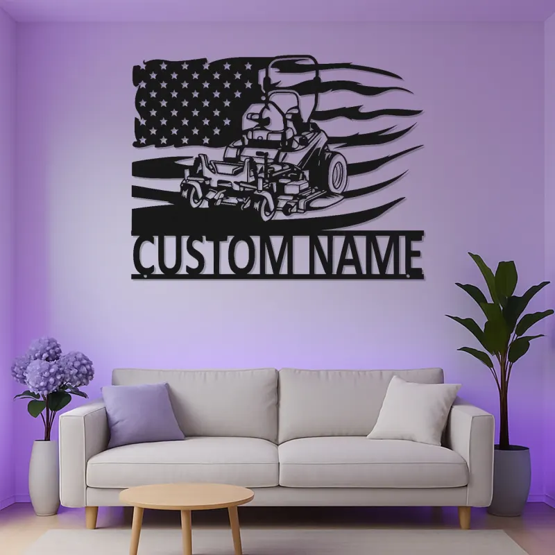 Cartel de Metal de Cortacésped | Decoración LED Personalizada para Paisajistas | Decoración de Bandera Americana con Nombre Personalizado | Regalo para Garaje y Jardín