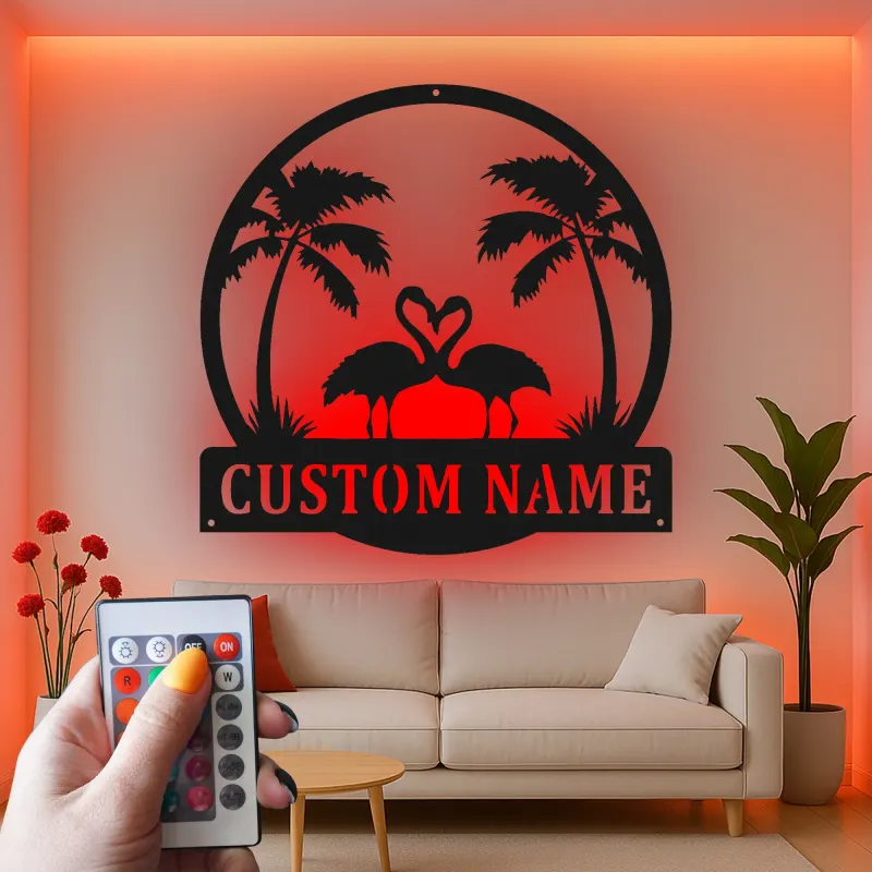 Panneau LED Couple Flamant Rose Personnalisé | Art mural en métal | Décor de maison de plage tropical pour cadeau d'anniversaire
