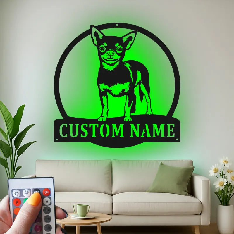 Décoration murale en métal personnalisée Chihuahua avec Rétroéclairage - Cadeau pour Amateurs de Chiens - Décor de Salon