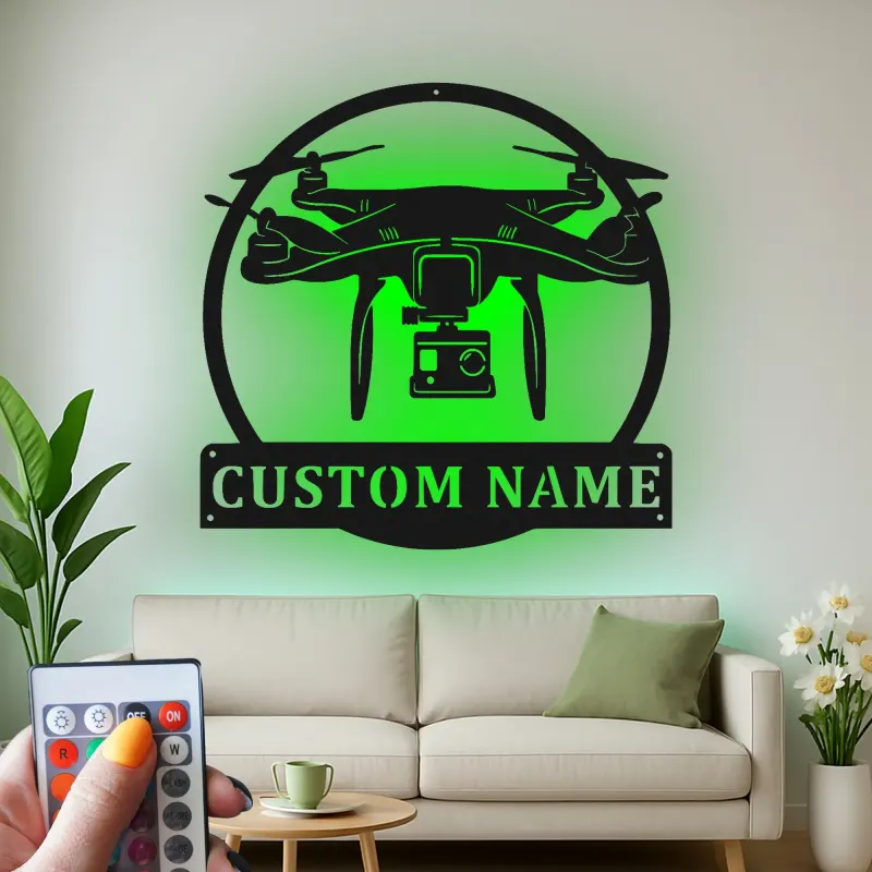 Personalisierte LED-Metall-Wandkunst mit Drohnenmotiv – Geschenk für Drohnenfans, Büro- oder Studio-Deko 1