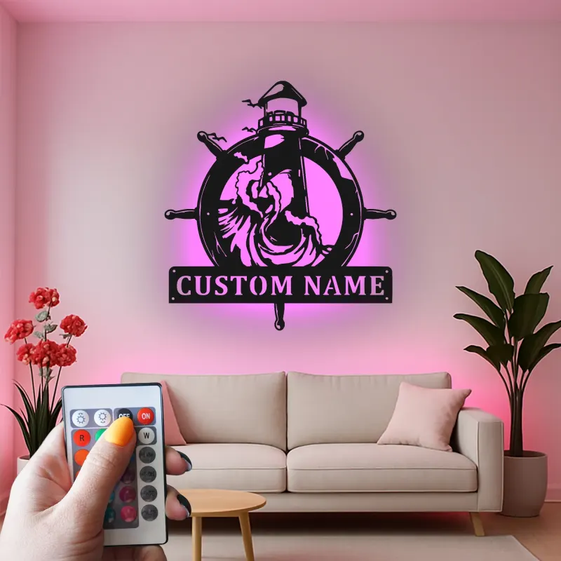 Custom Lighthouse Metal Sign | LED Nautical Wall Art | Personalized Ship Wheel Decor for Beach House | Maritime Gift